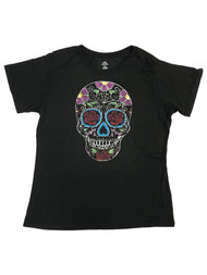 Womens Colorful Black Floral Rose Skull Halloween T-Shirt Tee Shirt