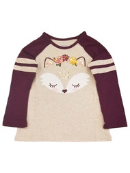 Toddler Girls Burgundy Purple Fox Flowers Long-Sleeve Tee Shirt T-Shirt