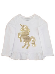 Toddler Girls White & Gold Sequins Unicorn Horse Ruffled Tee Shirt T-Shirt