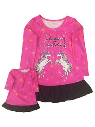 Girls Hot Pink & Black Dreaming Of Unicorns Matching Nightgown Pajama Set