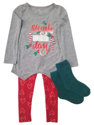 Girls Christmas Red & Green Sleigh All Day Holiday Sleep Pajamas Shirt & Pants