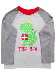 Toddler Boys Gray Long Sleeve Christmas Tree Rex Holiday Dinosaur Tee T-Shirt