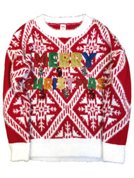 Womens Fuzzy Red Glitter Sequin Merry Christmas Holiday Sweater