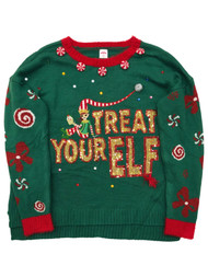 Womens Green & Gold Sequin & Rhinestone Elf Christmas Holiday Sweater