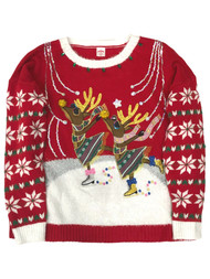 Womens Embellished Red Glitter Sequin Reindeer Christmas Holiday Sweater