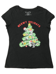 Womens (Juniors) Black Meowy Christmas Kitty Cat Holiday T-Shirt Shirt