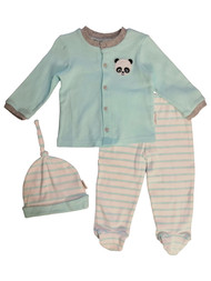 Infant Baby Boys 3 Piece Blue Button Up Panda Shirt Footed Pants and Hat Set 9m