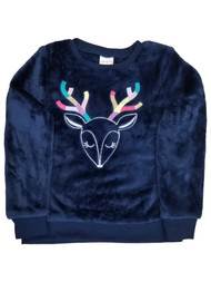 Girls Navy Blue Winter Reindeer Warm Soft December Hoodie Sweatshirt Faux Fur