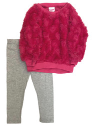 Toddler Girls Pink Fuzzy Heart Sweater Shirt & Sparkly Gray Legging Outfit