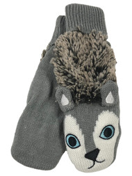 Womens Gray Acrylic Knit Puppy Dog Mittens with Plush Lining