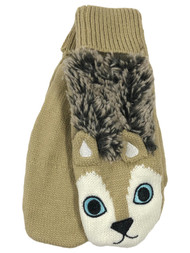Womens Tan Acrylic Knit Puppy Dog Mittens with Plush Lining