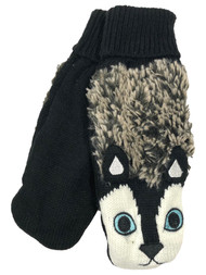 Womens Black Acrylic Puppy Dog Mittens with Plush Lining