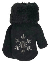 Toddler Girls Black Snowflake Plush Lined Winter Mittens with String Attachment