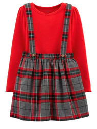 Carters Toddler Girls 2 PC Outfit Red Shirt & Gray Plaid Jumper Dress Set