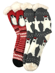Mopas Womens 2pr Sherpa Cabin Slipper Socks Penguin & Polar Bear Print OSFM