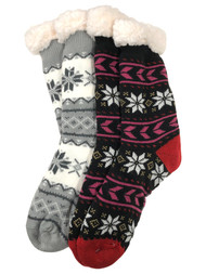Mopas Womens 2pr Sherpa Cabin Slipper Socks Black & Gray Snowflake Print OSFM