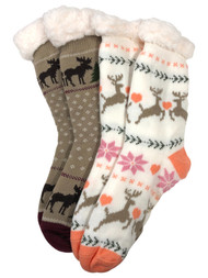 Mopas Womens 2pr Sherpa Cabin Slipper Socks Reindeer & Moose Print OSFM