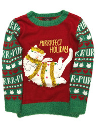 It's Our Time Girls Red Tinsel Kitty Cat Holiday Christmas Sweater