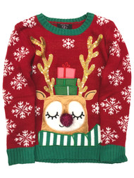 It's Our Time Girls Red Sequin Reindeer Holiday Christmas Sweater