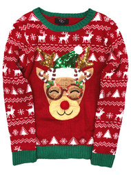 It's Our Time Girls Red Sequin Reindeer Elf Holiday Christmas Sweater