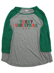 Womens Long Sleeve Green Merry Christmas Holiday T-Shirt Tee Shirt
