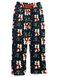 Womens Plush Black Santa Llama Christmas Holiday Sleep Pants Pajama Bottoms