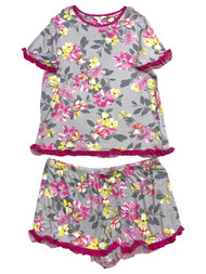 Womens Lightweight Gray Pink Floral Pajamas Shorts & Tee Shirt Sleep Set