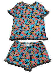 Womens Lightweight Blue & Red Floral Pajamas Shorts & Tee Shirt Sleep Set