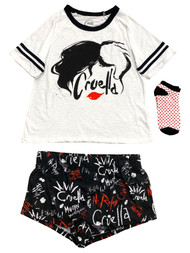 Disney Womens White Cruella DeVille Tee Shorts & Socks Pajamas Sleep Set