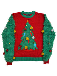 Womens Red & Green Pom Pom Jingle Bell Christmas Tree Holiday Sweater