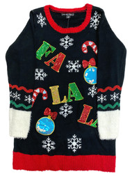 Womens Black Sequin Embellished Fa La La Christmas Holiday Sweater
