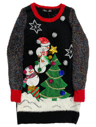Womens Black Sequin Embellished Pom Snowman Christmas Holiday Sweater