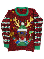 Womens Red Sequin Embellished Reindeer Go Santa Christmas Holiday Sweater