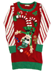 Womens Long Red Sparkle Elf & Gingerbread Man Christmas Holiday Sweater