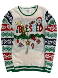 Juniors Womens White Sequin Ornament Blessed Christmas Holiday Sweater