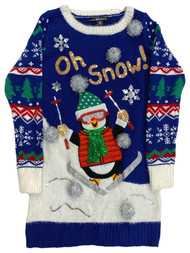 Womens Blue Sequin Skiing Penguin Long Tunic Christmas Holiday Sweater