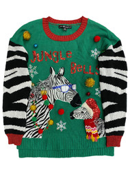 Womens Green Sequin Embellished Pom Zebra Christmas Holiday Sweater