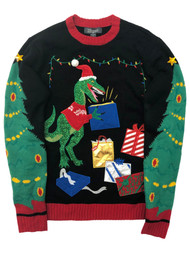 Mens Funny Black Sparkle T-Rex Dinosaur Christmas Holiday X-Mas Sweater