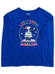 Peanuts Girls Long Blue Let it Snow Snoopy Holiday Tee Shirt T-Shirt
