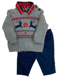 Infant Boys Dress Up Suit Pants Plaid Shirt Gray Reindeer Sweater Outfit 0-3m