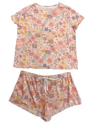 Womens Lightweight Peach Floral Pajamas Shorts & Tee Shirt Sleep Set