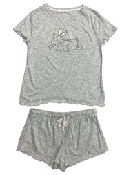 Womens Lightweight Gray Bunny Rabbit Pajamas Shorts & Tee Shirt Sleep Set