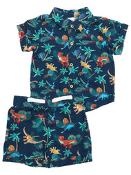 Infant Boys Blue Dinosaur Button Front Shirt & Shorts 2pc Baby Outfit