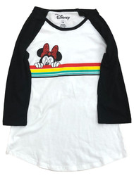 Disney Girls Long Black & White Minnie Mouse Rainbow Tee Shirt T-Shirt