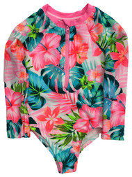 Infant and Toddler Girls 1pc Pink Floral Hawaiian Print Rash Guard Swim Suit
