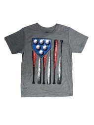 Boys Gray Bat & Ball Flag Patriotic Athletic Baseball Short Sleeve T-Shirt