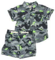 Infant Boys Gray Camo Dinosaur Button Front Shirt & Shorts 2pc Baby Outfit