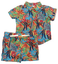 Infant Boys Tropical Blue Palm Button Front Shirt & Shorts 2pc Baby Outfit