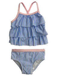 Infant Girls Ruffled Blue White Stripe 2 Pc Tankini Swimming & Bathing Suit