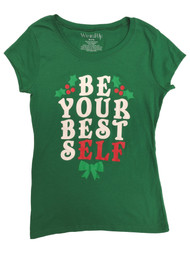 Junior Womens Green Be Your Best Self Christmas Elf Holiday Tee Shirt
